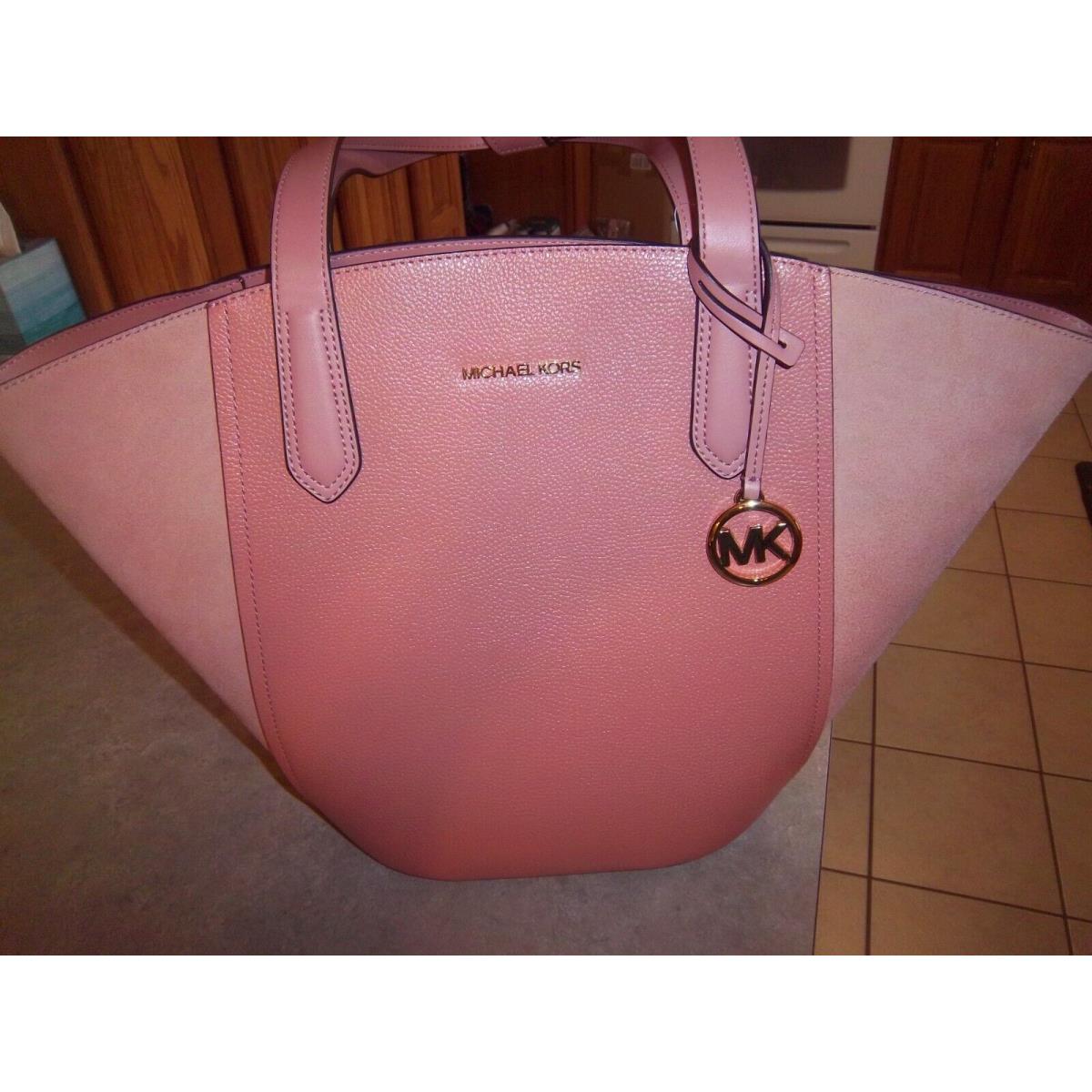 Michael Kors Pink Sunset Rose Small Portia Suede Leather Tote Bucket Bag