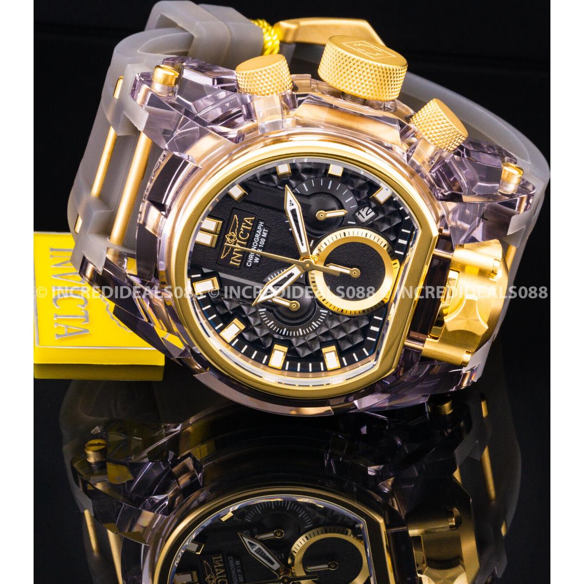 Invicta Men Bolt Zeus Magnum Anatomic Chronograph 18K Gold Black Grey Gmt Watch - Dial: Black, Gold, Band: Gray, Bezel: Gold