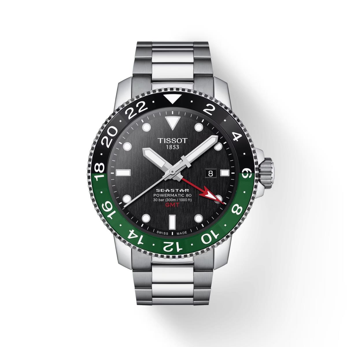 Tissot Gmt Seastar Black Dial Green Bezel Men`s Watch T1204291105101 - Dial: Black, Band: Gray, Bezel: Black, Green