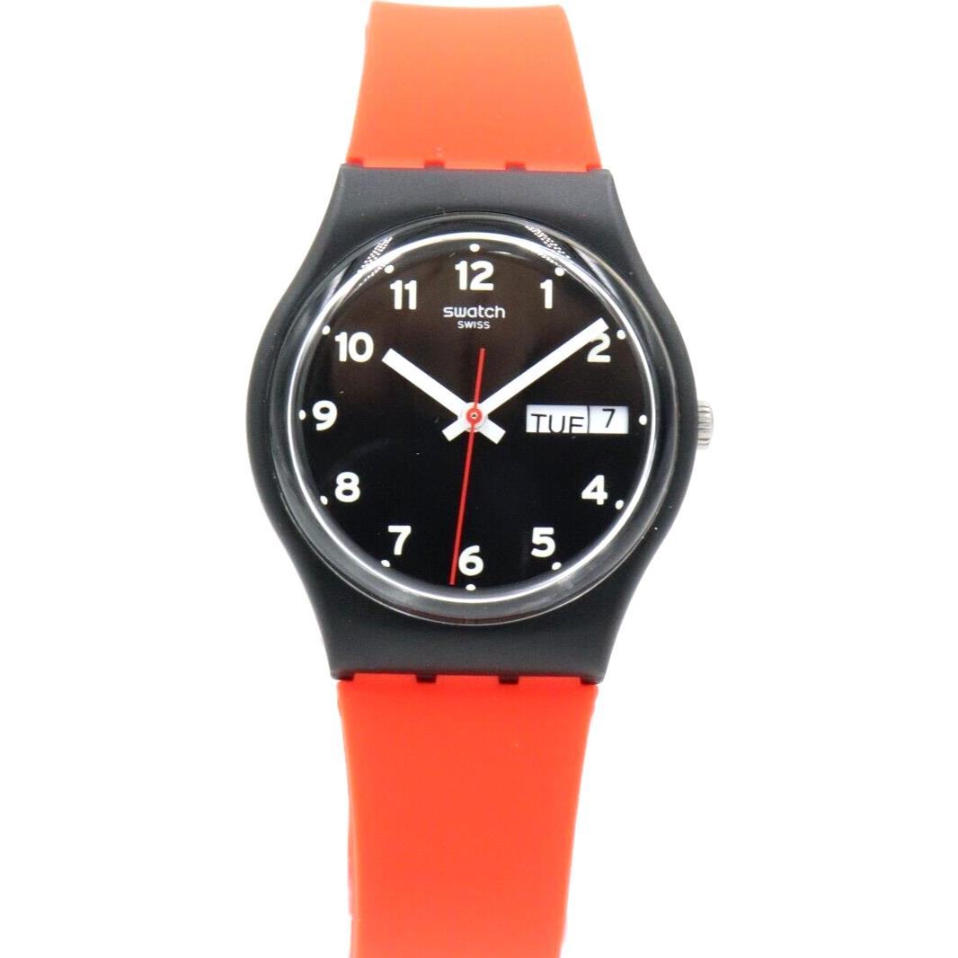 Swiss Swatch Originals Red Grin Black Day-date Silicone Watch 34mm GB754