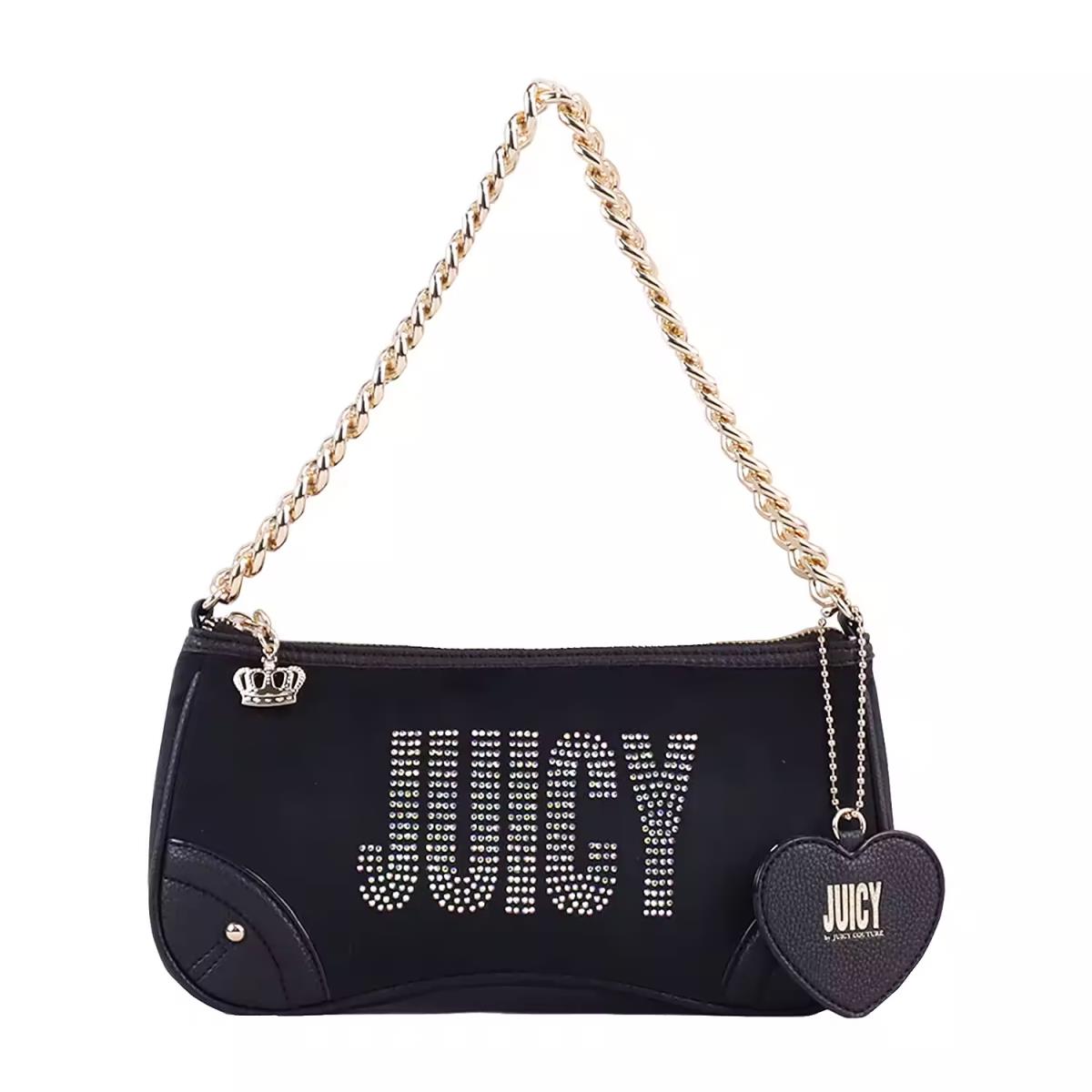 Juicy By Juicy Couture Glitzed Crystals Small Shoulder Bag Black Velour - Handle/Strap: Gold, Hardware: Gold, Exterior: Black