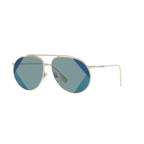 Burberry BE 3138 110980 Light Gold Metal Pilot Sunglasses Blue UV Print Lens