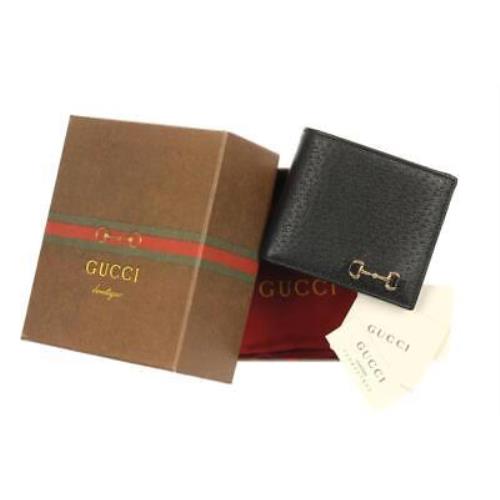 Gucci Men`s Luxury Black Leather Horsebit Bi-fold Wallet W/box