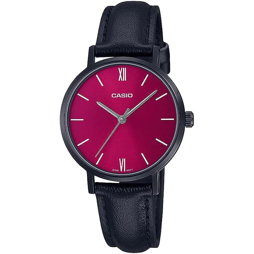 Casio Women`s Red Dial Black Leather Band Analog Watch LTP-VT02BL-4AUDF