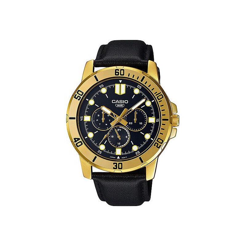 Casio Black Gold Dial Black Leather Analog Men`s Wrist Watch MTP-VD300GL-1EUDF