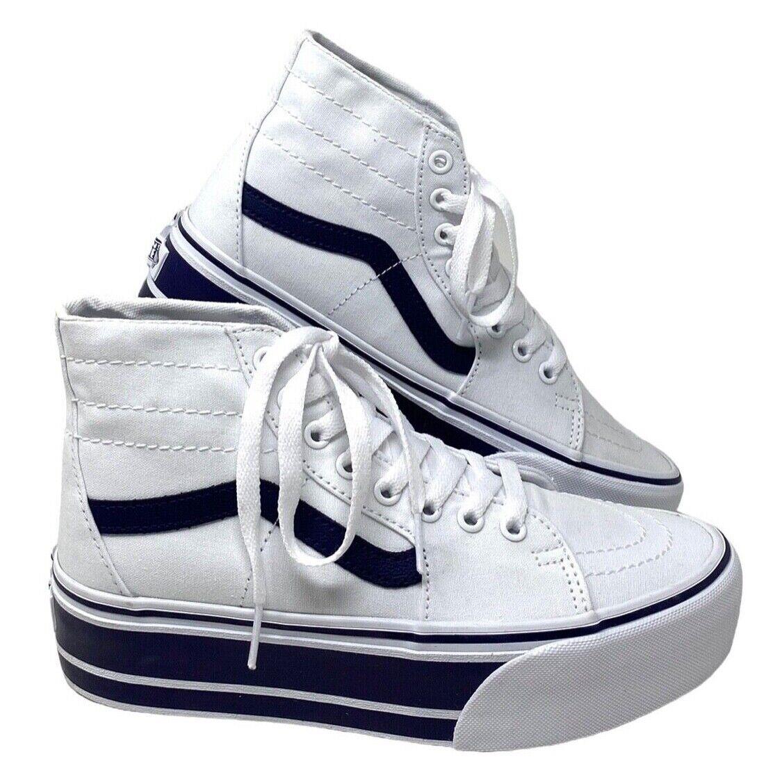 Vans Sk8-Hi Tapered Sport Platform Shoes White Canvas Navy Women`s VN0A5JMKNWD