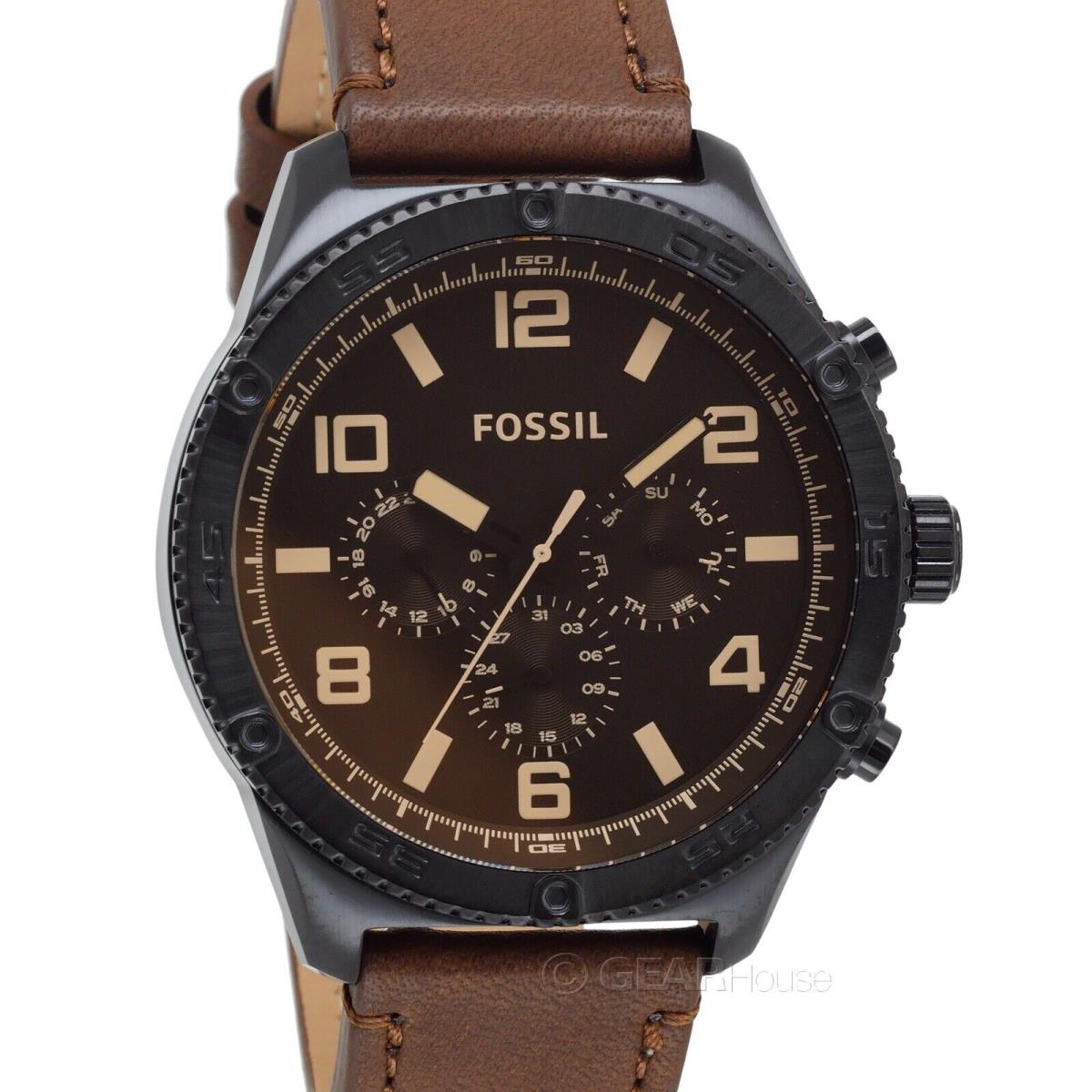 Fossil Brox Mens Multifunction Watch Large Black Dial Brown Leather Strap