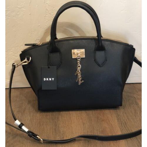 Dkny Cleo Medium Satchel Crossbody Bag Leather Black Gold