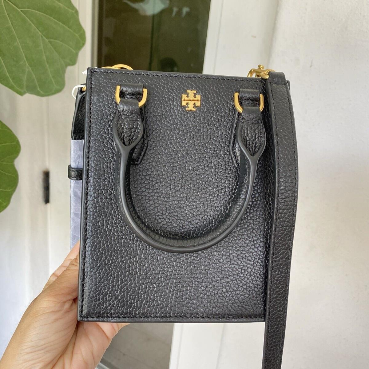 Tory Burch Blake Black Pebbled Leather Mini Shopper Tote Crossbody Purse Bag
