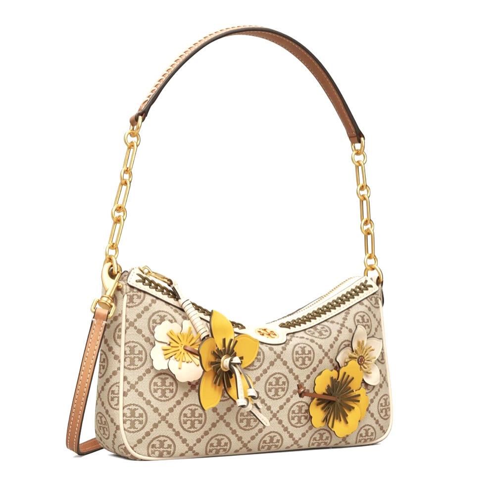 Tory Burch T Monogram Braid Floral Jacquard Shoulder Bag-hazelnut