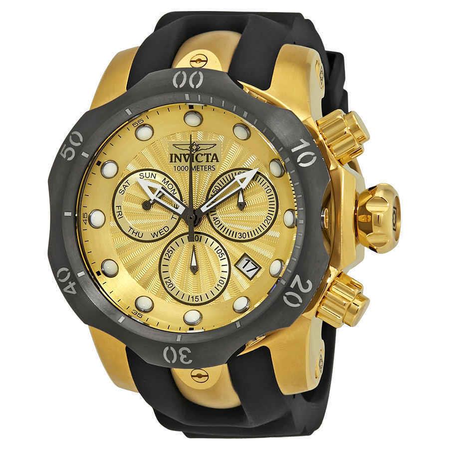 Invicta Venom Chronograph Gold Dial Men`s Watch 24258 - Dial: Gold, Band: Black, Bezel: Black