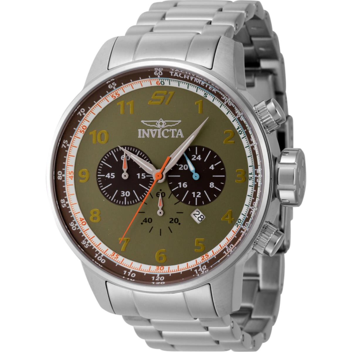 Invicta Men`s Watch S1 Rally Chronograph White and Light Green Dial Steel 44951 - Dial: Light Green, Brown, Band: Silver