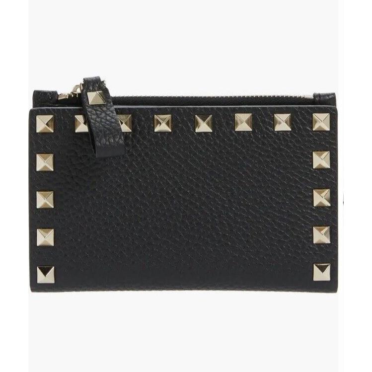 Valentino Rockstud Leather Card Case Women`s Black Pebbled Leather