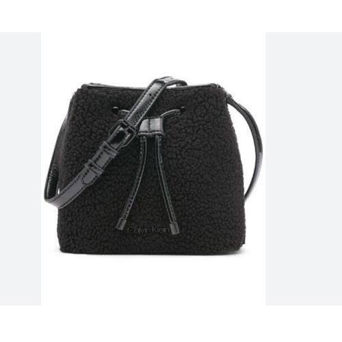 Calvin Klein Astatine Sherpa and Patent Leather Bucket Mini Crossbody -black