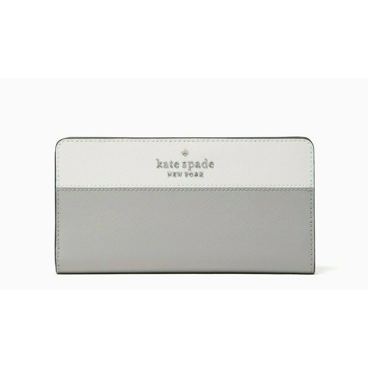 New Kate Spade Madison Large Slim Bifold Colorblock Leather Wallet Platinum Grey