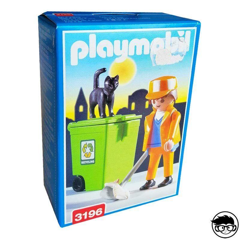Playmobil 3196 Trash Collector Sanitation Worker with Garbage Can Cat Toy Set