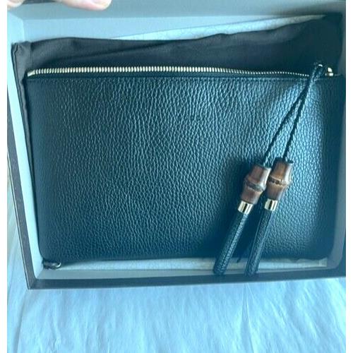 Gucci Bamboo Black Clutch Pouch Zip Around Leather Italy Pouch Bag