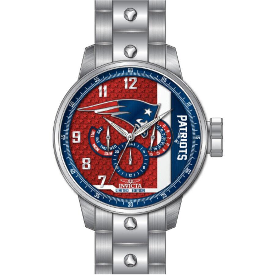 Invicta Nfl England Patriots Gmt Quartz Men`s Watch 45131 - Dial: Red and White and Blue, Band: Silver-tone, Bezel: Silver-tone