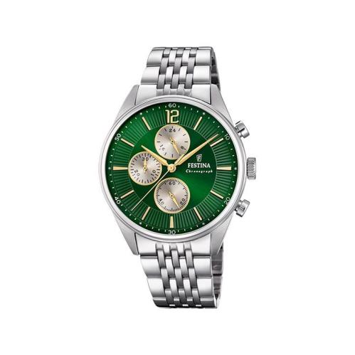 Festina Timeless Chronograph 41.5mm Green Dial Steel Mens Watch F20285/9
