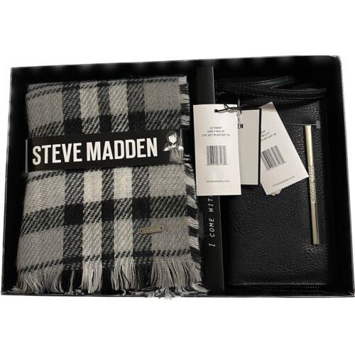 Steve Madden 2 Piece Set Scarf Wallet Wristlet Clutch Black Grey Plaid