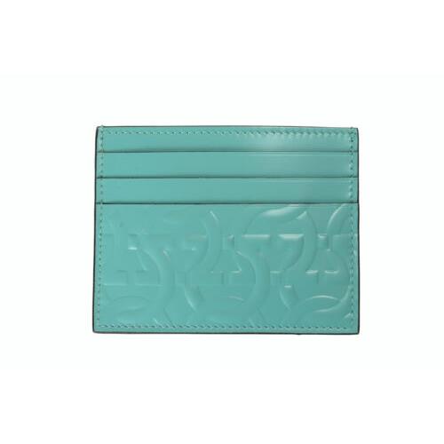 Salvatore Ferragamo Men`s Turquoise Blue Logo Print Leather Card Case