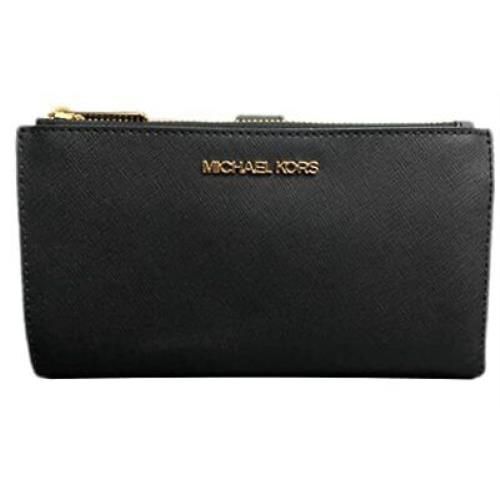Michael Kors Jet Set Travel Double Zip Saffiano Leather Wristlet Wallet - Black Saffiano / Gold Hardware