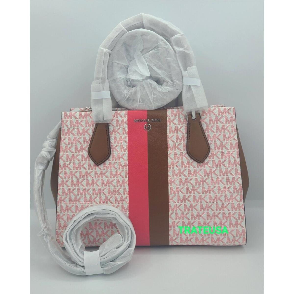 Michael Kors Marilyn Medium Logo Stripe Satchel Bag Geranium Multi