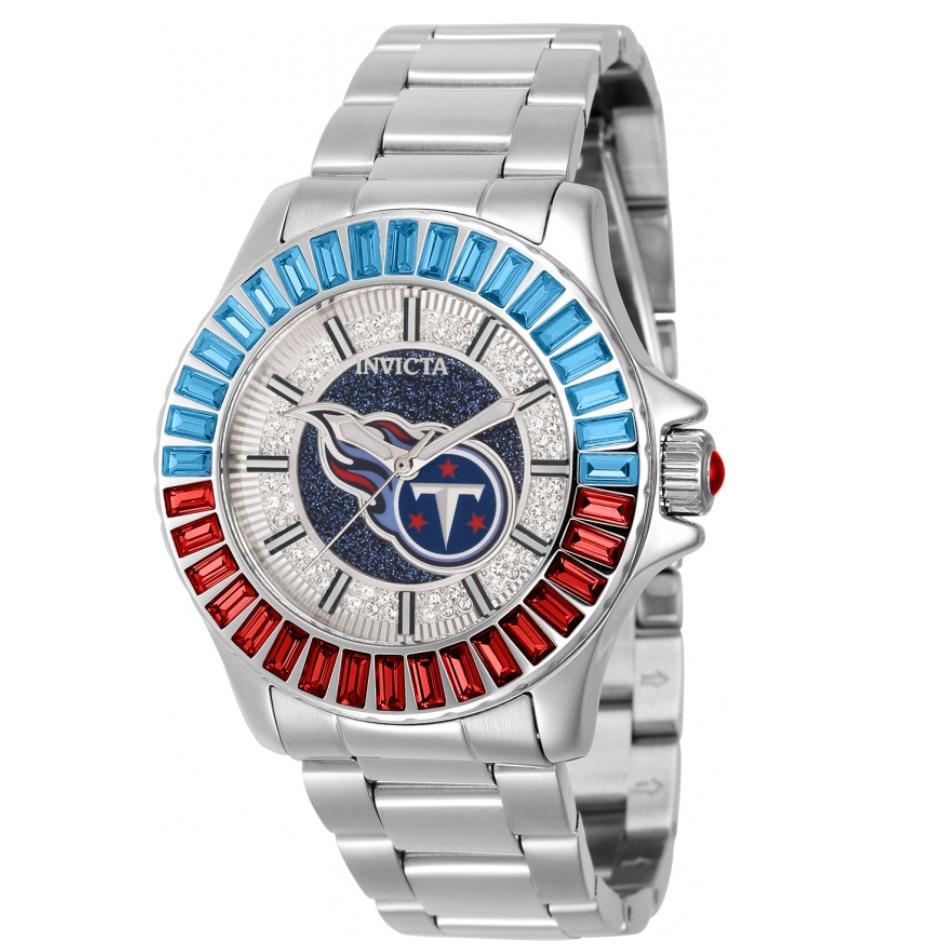 Invicta Nfl Tennessee Titans Lux Women`s 38mm Crystals Glitz Quartz Watch 42672 - Dial: Blue, Red, Silver, White, Band: Silver, Bezel: Blue, Red, Silver