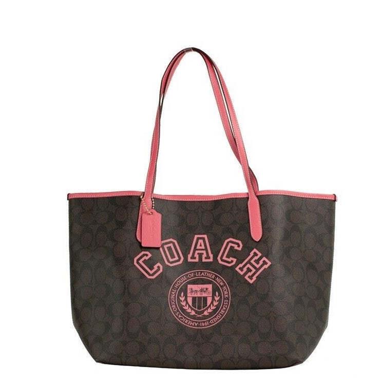 Coach Varsity Brown Watermelon Signature Canvas City Tote Handbag Purse