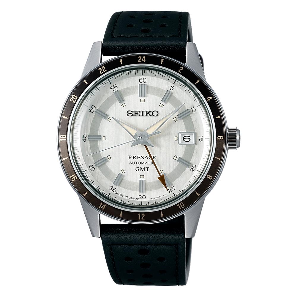 Seiko Men`s Gmt Automatic Black Leather Watch SSK011