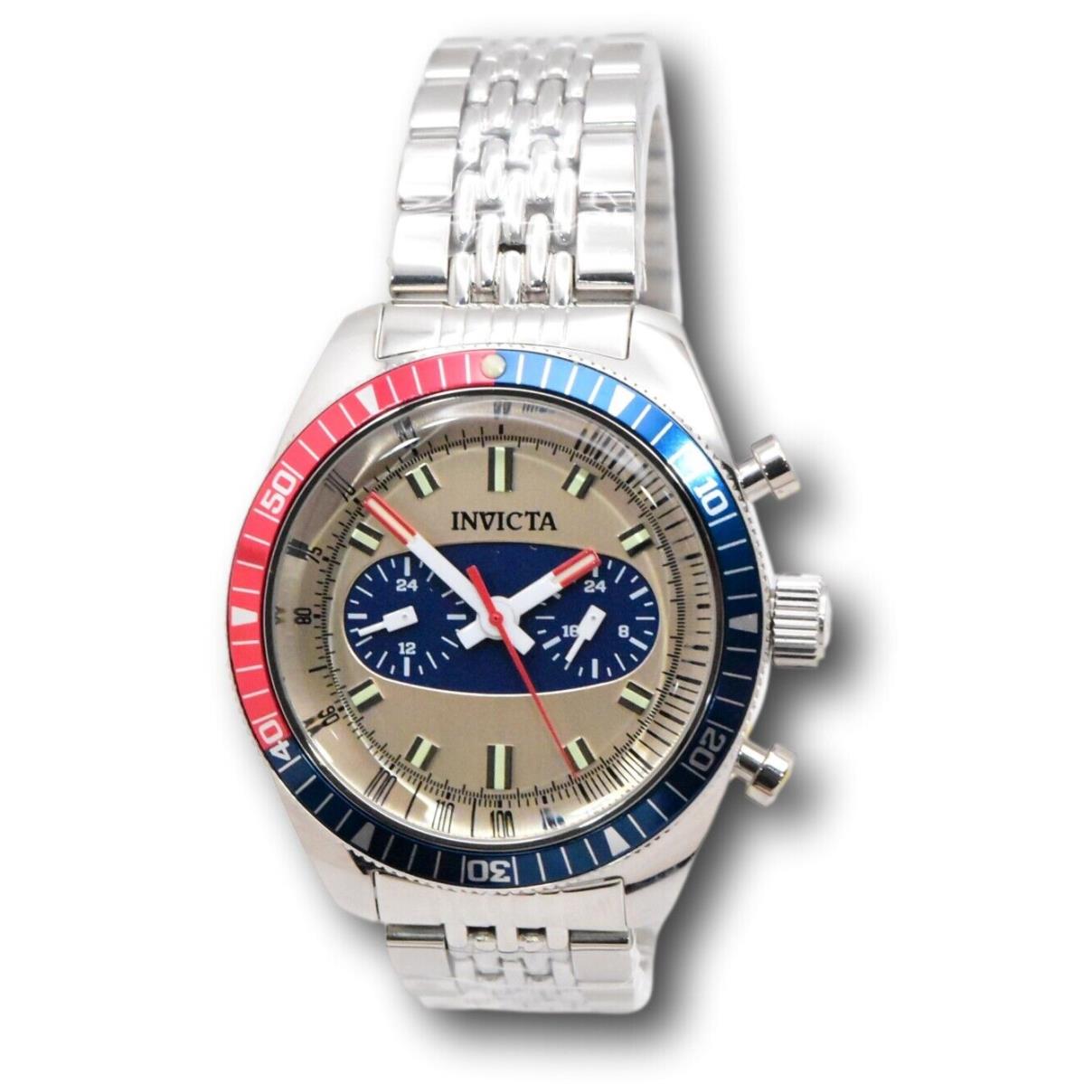 Invicta Speedway Monaco Men`s 43mm Dual Time Desert Sand Pepsi Bezel Watch 40525 - Dial: Beige, Blue, Bronze, Brown, Band: Silver, Bezel: Blue, Red, Silver