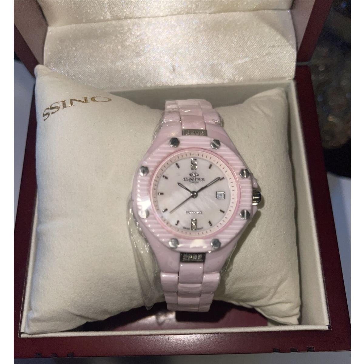 Oniss Paris Women`s Diamond Accented Pink Silver Hi Tech Ceramic Watch