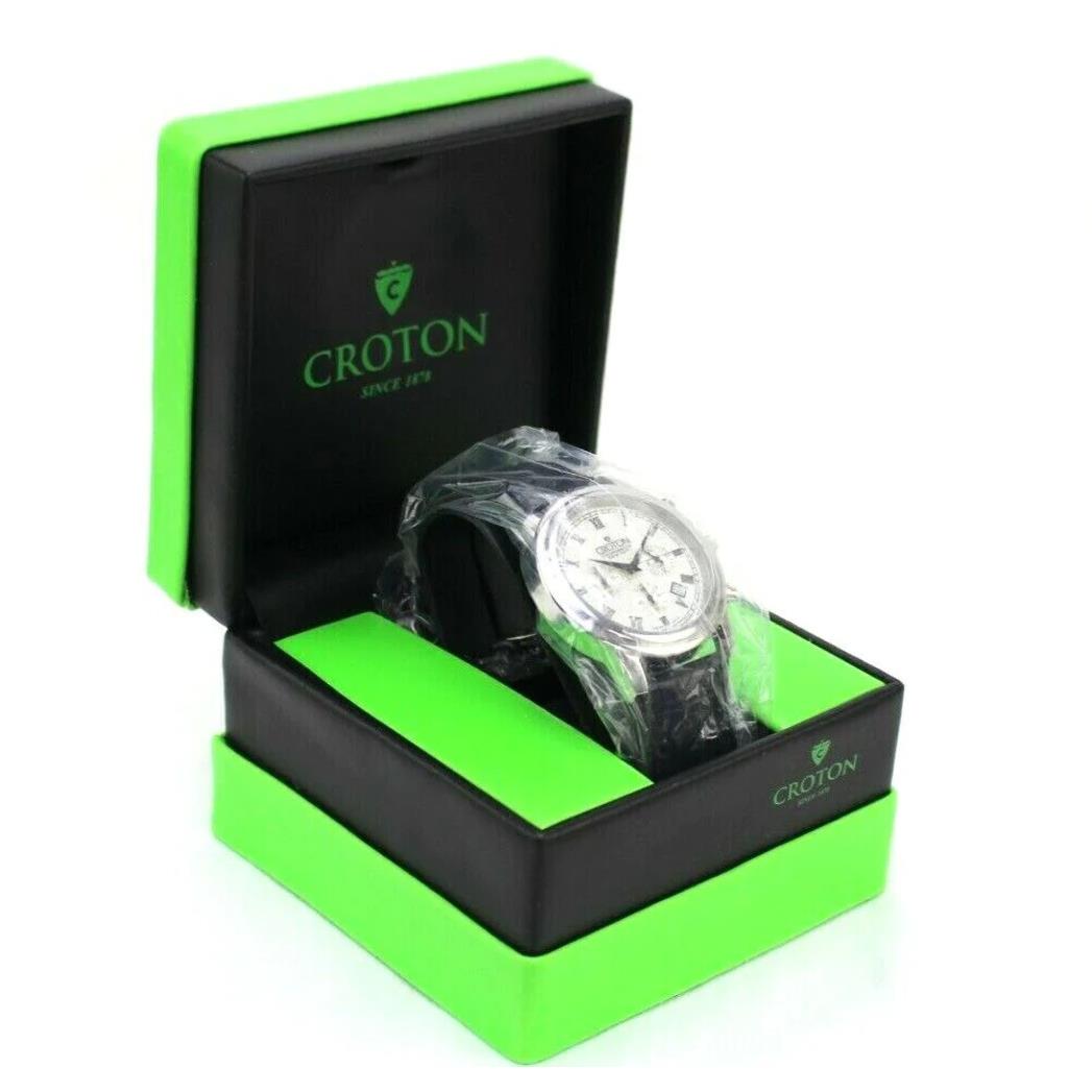 Croton CC311273 Chronomaster Silvertone Stop Watch Black Leather Band