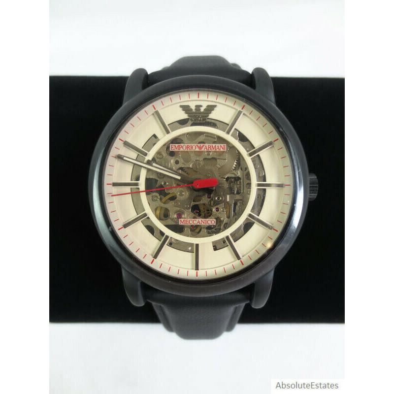 Emporio Armani Matte Black Skeleton Mens Automatic Leather Watch AR60041