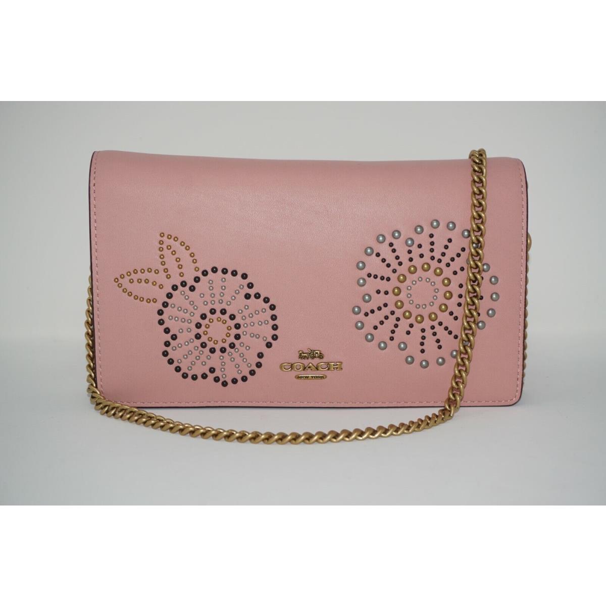 Coach Pink Tea Rose Rivets Foldover Chain Crossbody Clutch Purse Bag 24910