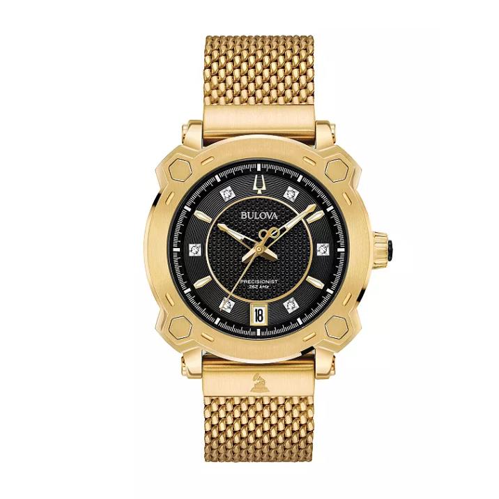 Bulova Grammy Awards Special Edition Precisionist Diamond Mesh Watch - 97P124 - Black Dial, Gold Band