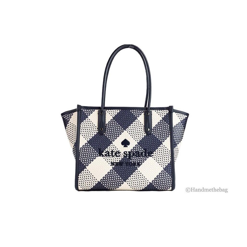 Kate Spade Ella Gingham Blazer Blue Oversized Woven Shoulder Tote Bag Purse