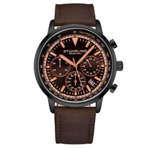 Stuhrling 3986L 5Muscle Movement Quartz Chronograph Brown Leather Mens Watch - Dial: Brown, Band: Brown