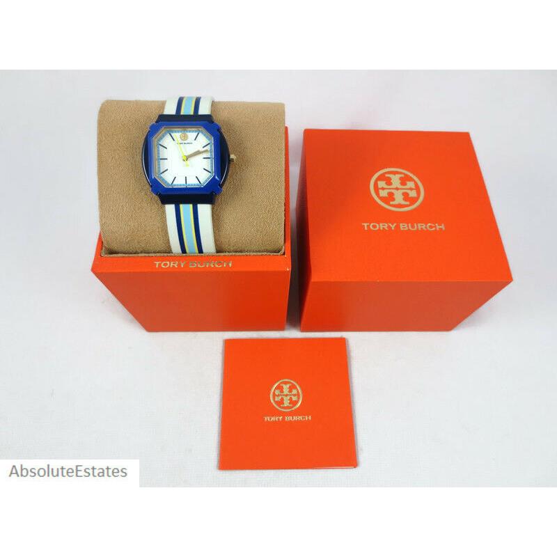 Tory Burch Blake Gold Blue White Stripe Leather Watch TBW5104