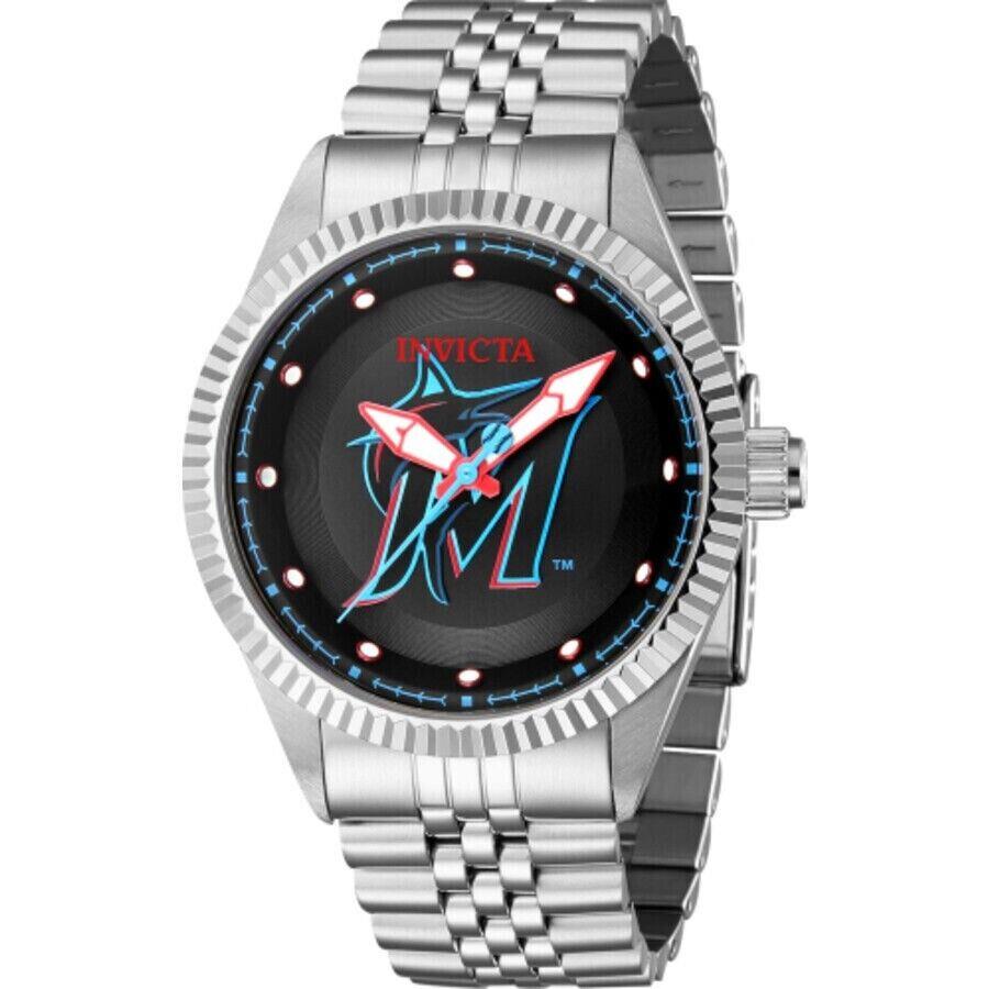 Invicta Mlb Miami Marlins Quartz Black Dial Men`s Watch 42921 43mm S Steel 5ATM