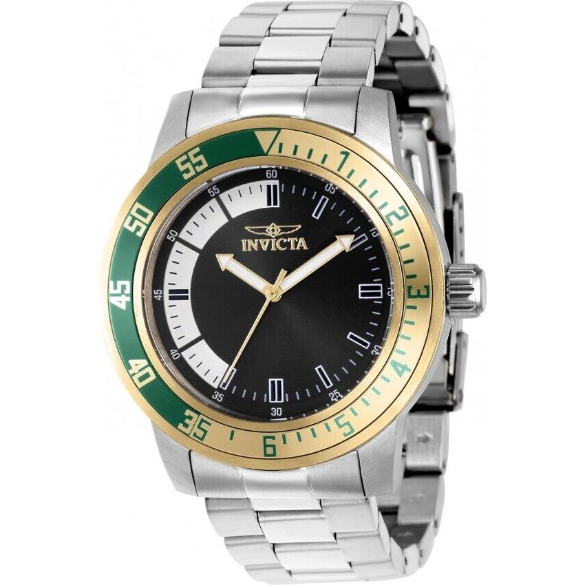 Invicta Specialty Men Watch Black Dial with Silver Bracelet 38595 - Dial: Black, White, Band: Silver, Bezel: Gold, Green