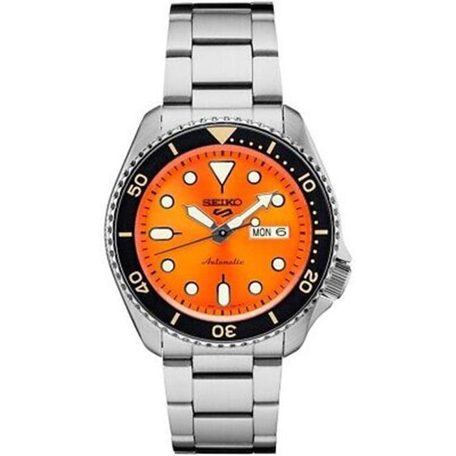 Seiko 5 Sports Men`s 42.5mm Orange Dial Analog Silver Tone Wrist Watch SRPD59