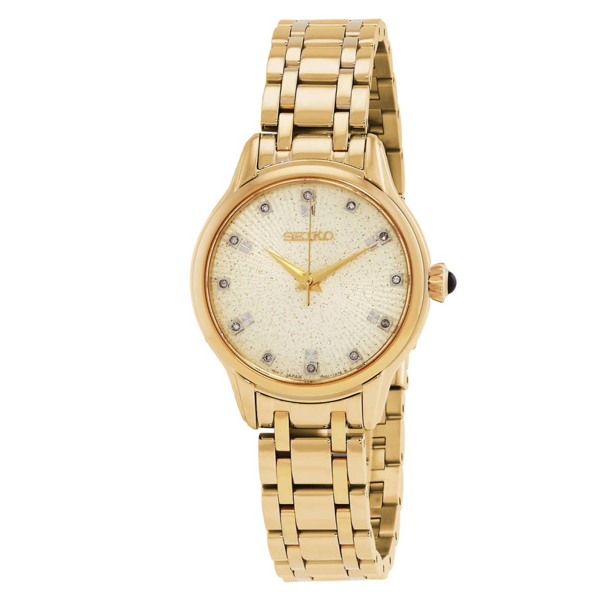 Seiko Discover More Quartz Diamond Gold Dial Ladies Watch SRZ552P1 - Dial: Gold-tone, Band: Gold-tone, Bezel: Gold-tone