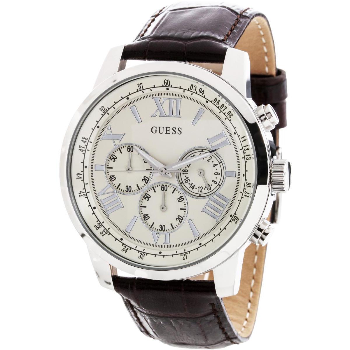 Guess U0380G2 Men`s Brown Leather Band Quartz Dressy Chronograph Analog Watch - Dial: White, Band: Brown