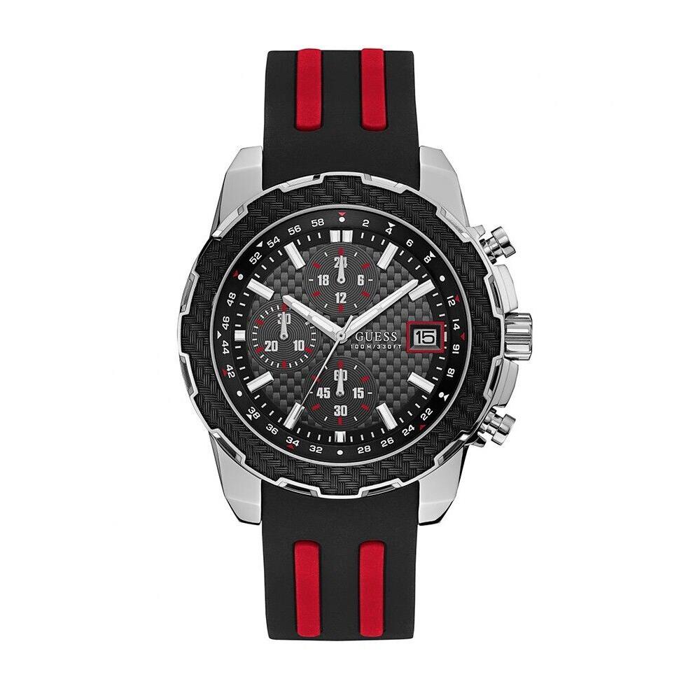 Guess Men`s Chronograph Quartz Silicone Strap Black Analog W1047G1 Watch