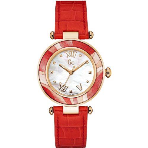 Guess Women`s Y12006L1 Quartz Round Gold Plated Leather Mother Pearl Red Watch