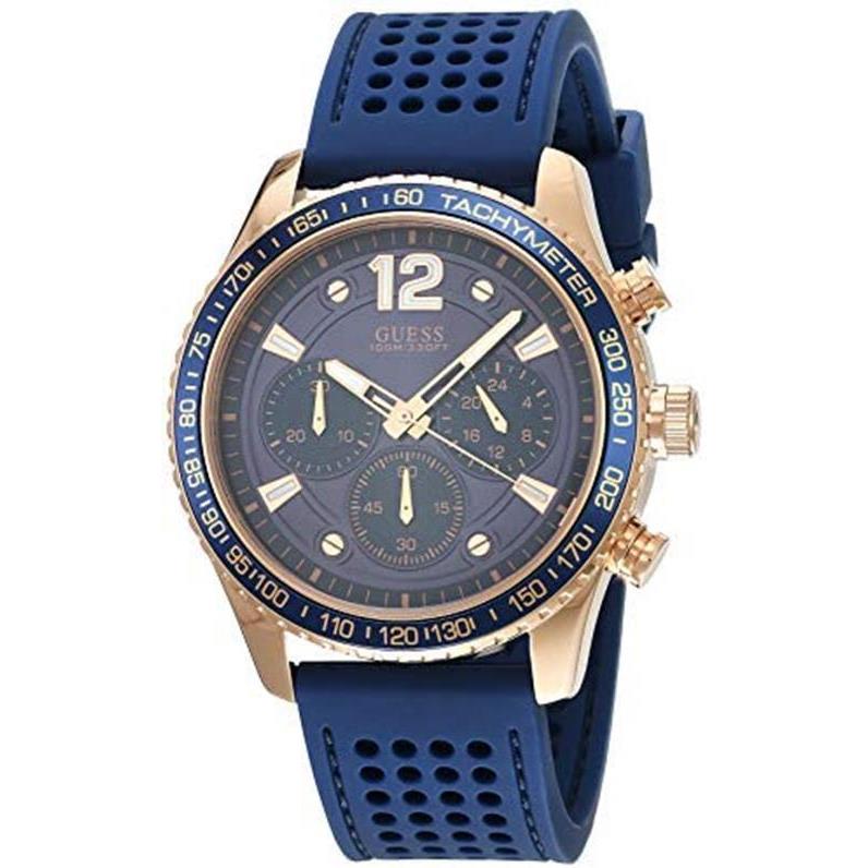 Guess Multi Function Blue Dial Rubber Chronograph Men`s Analog Watch W0971G3