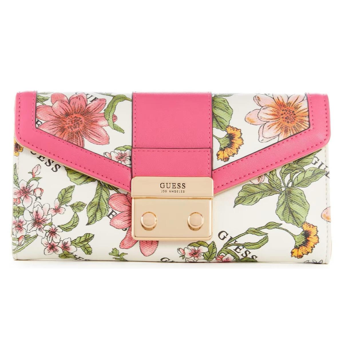 Guess Women`s White Pink Floral Print Trifold Large Wallet Clutch Bag