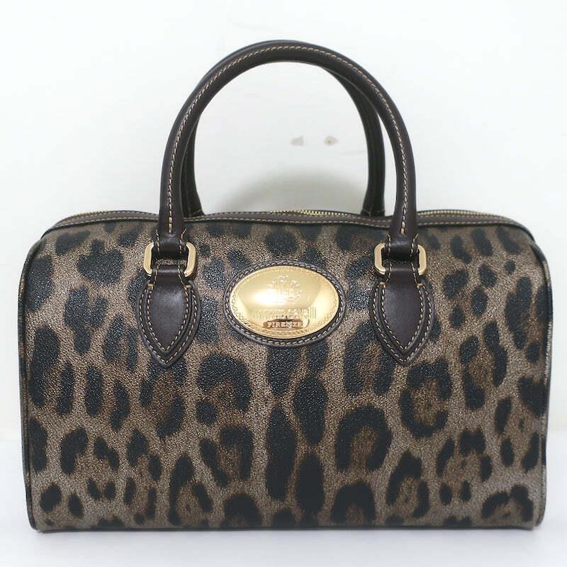 Roberto Cavalli Boston Bag Brown/gold Metallic Leopard Print Coated Canvas