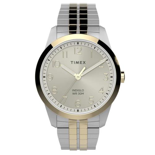 Timex Main Street Perfect Fit 3-Hand Men`s Gold Dial Expansion Watch TW2V04600 - Dial: Gold, Band: Gold